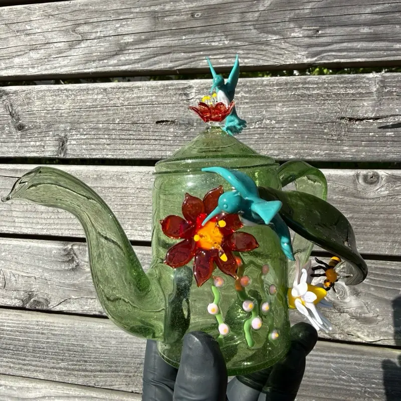 1/1 - Handmade Hummingbird Teapot - Borosilicate Glass - Green Glass - sculptures
