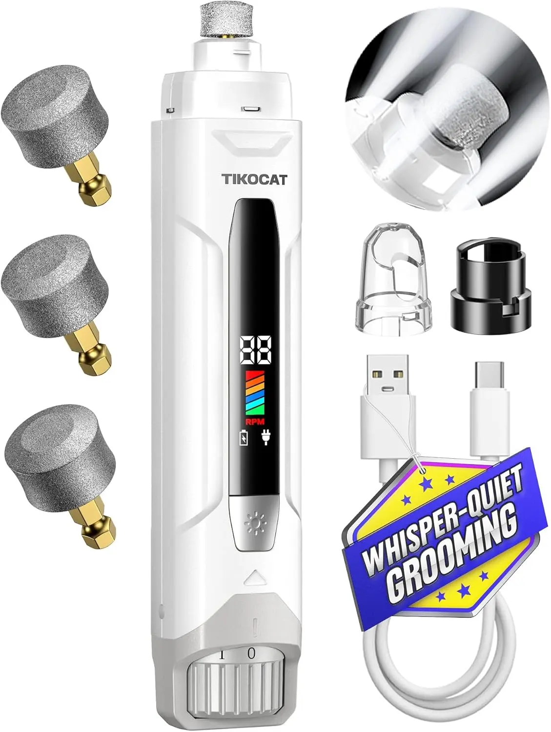 TIKOCAT Whisper-Quiet Dog Nail Grinder, 50% More Powerful 6-Speed Pet Nail Trimmer with LED Display & 4 LED Lights, 3 Grinding Bits, No Over-Cutting, Stress-Free Grooming for Dogs, Cats & All Sensitive Pets,Puppy Nail Clippers,Kitten Nail Clipper
