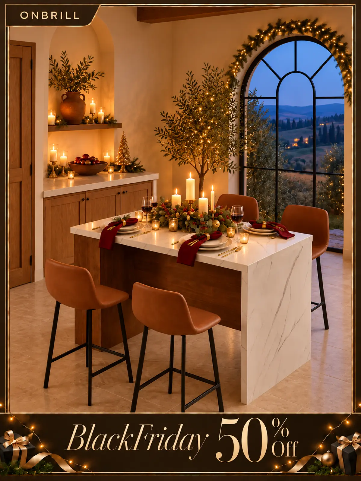 【Black Friday】ONBRILL 61"x31" Large Wood Top Kitchen Island Table, Whole Board Tabletop with Storage Space, Power Outlet, LED Lights, Easy Setup Modern Imitation Marble Counter Height Dining Table for 4, For Four
