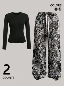 Two-Piece Set Women's Tree Print Crop Tee & Wide Leg Pants, Casual Fashion Cozy Round Neck Short Sleeve T-shirt & Trousers for Daily Outdoor Wear, Ladies Clothes for All Seasons, Clothing Sets