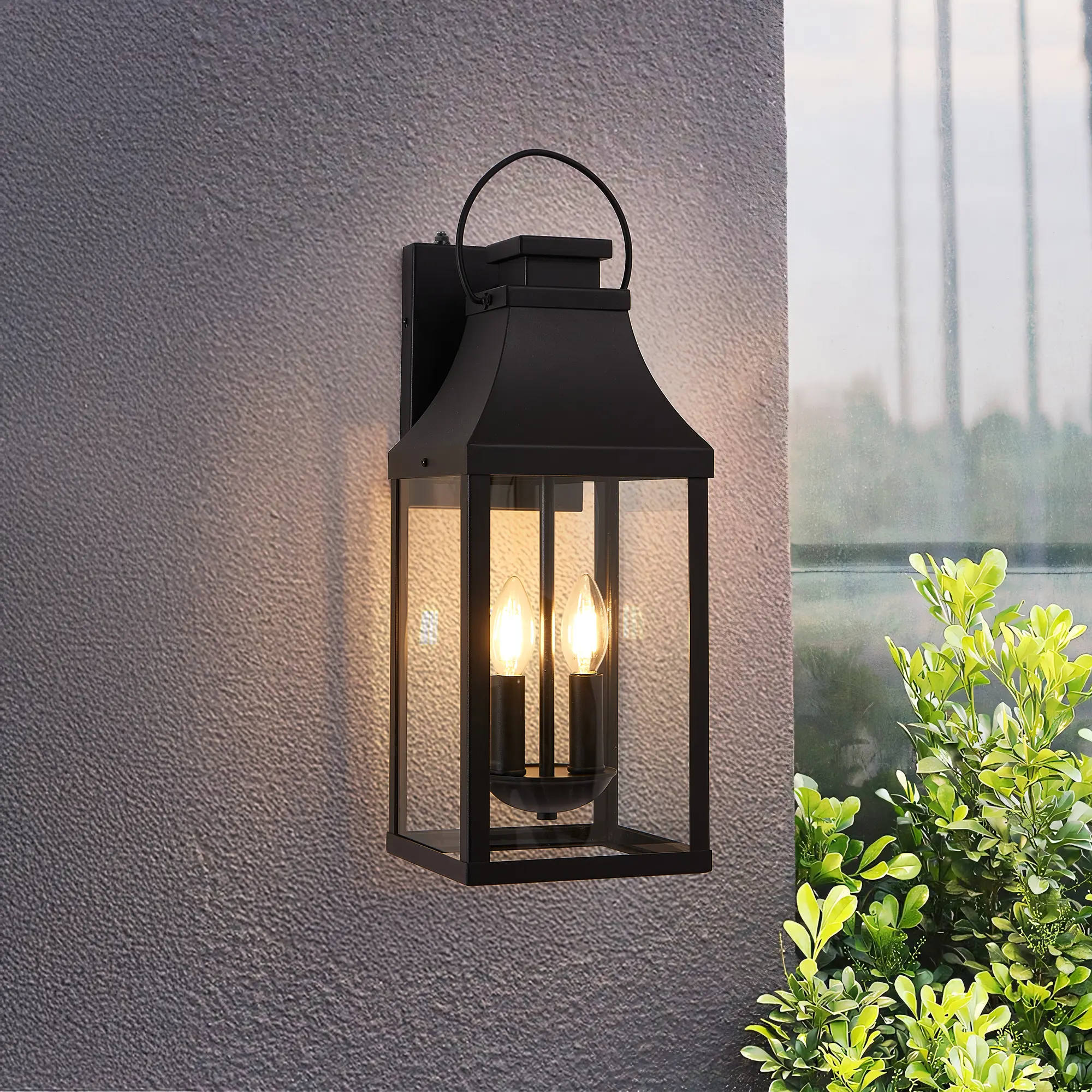 Outdoor Wall Lantern Light, Black Exterior Wall Sconce with Glass Shade, Dual E12 Bulb Porch Light Fixture, Dusk to Dawn Sensor, Waterproof Wall Lamp for Front Door Patio Garage