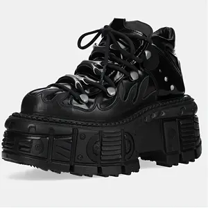 Men's Retro Chunky Platform Rock Shoes - Heavy Metal Punk Style Lace-Up Mid-Top Boots with Thick Rubber Sole for Height Increase, Durable & Rubber Construction, All-Season Versatile for Concerts, Parties, Daily Wear, Party Footwear, Metalli