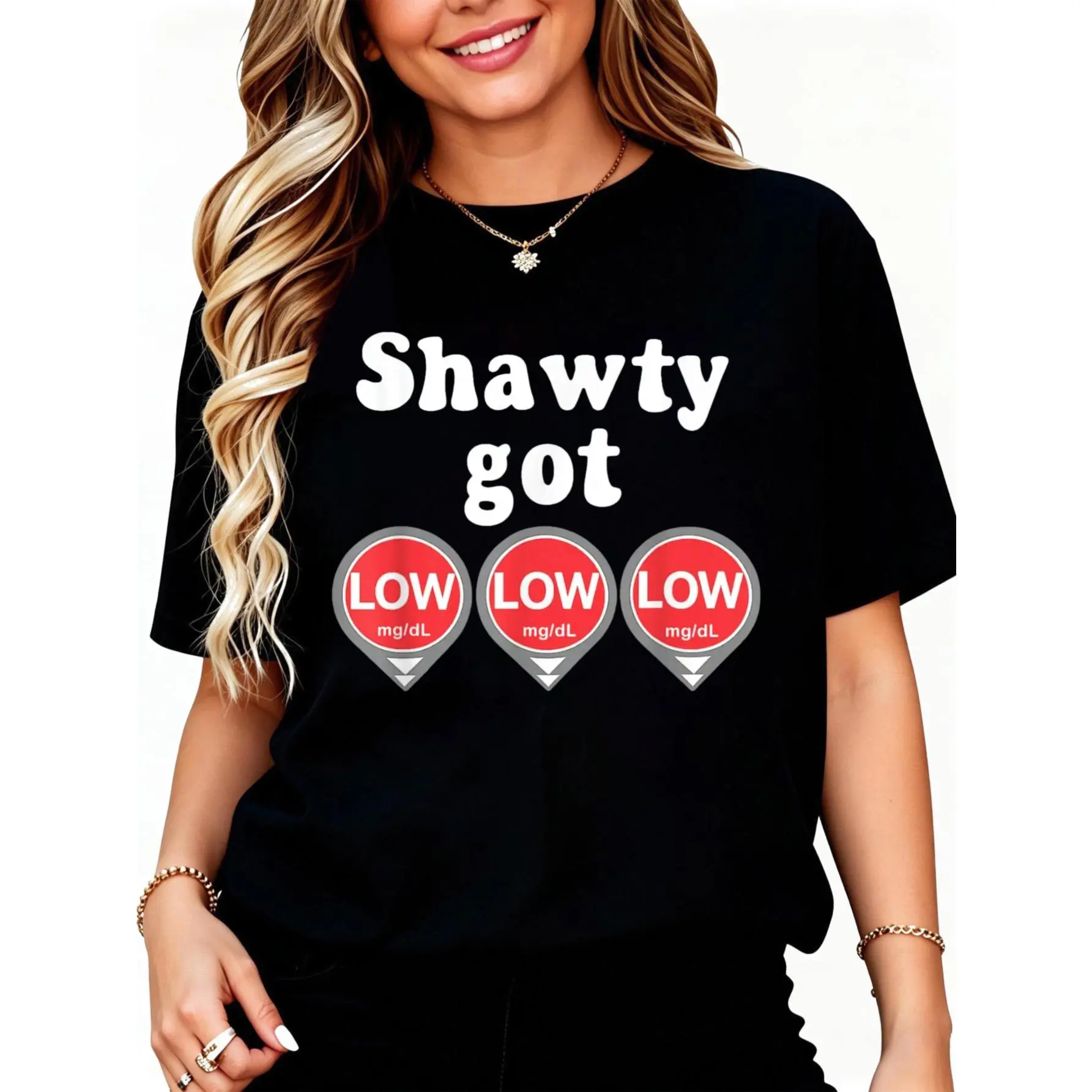 Women's 100% Cotton Short-Sleeve Round Neck Casual Distressed Graphic T-Shirt, Diabetes Meme & CGM Alert Icons Design, Shortsleeve, Top