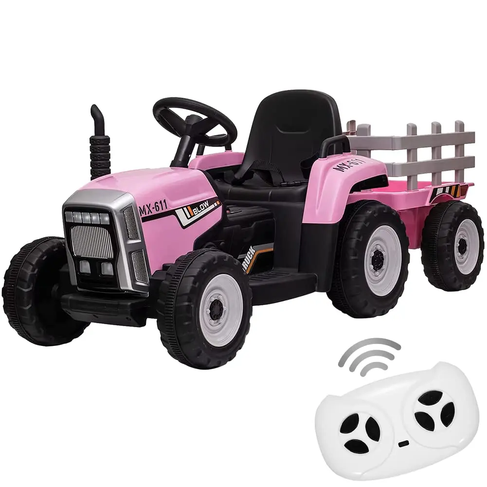 12V Battery Powered Kids Ride On Tractor with Trailer & Remote Control, 25W Enhanced Performance, 5mph Max Speed, LED Headlights, 2+1 Gear Shift, Music, USB, for 3-6 Years Children, 4 - 6 Years