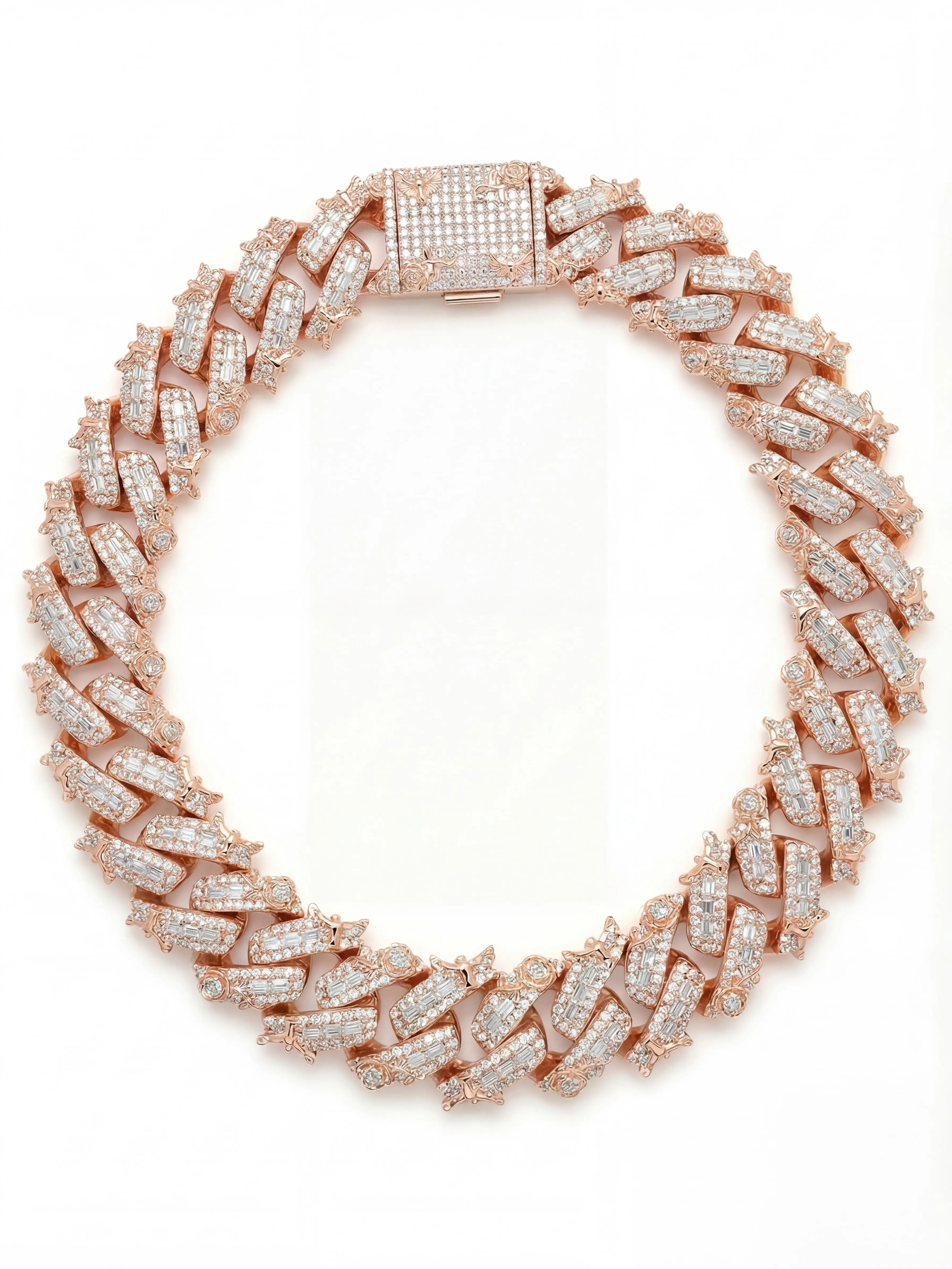 9.LUXFINE 15mm CZ Diamonds Iced Out Baguette Cuban Necklace, 14K Rose Gold Plated Hip Hop Necklace, Micro Pave CZ Stones Bling Statement Chain for Men Women Rapper