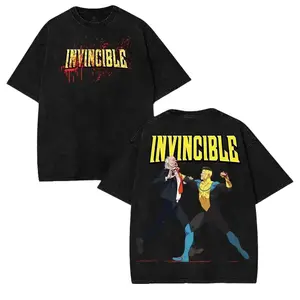 Vintage Invincible Battle Washed T Shirt Oversized Unisex Retro Superhero Graphic Tee Heavyweight Cotton Streetwear Comic Anime Style Shirt for Men Women Fans