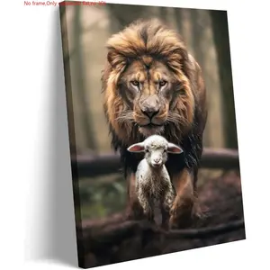 1pc 2D flat Unframed wall decor,Lion and Lamb Canvas Wall art Christian Jesus Lion King Poster Print God Religious Artwork Church Wall Decor Pictures for Living Room Bedroom Decoration Canvas Prints