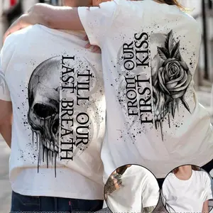 Couple Outfits Skull Couple All Over From Our First Kiss Till Our Last Breath Couple Matching Graphic Tee Shirt Tops Trendy for women for men, Couples Love Gift