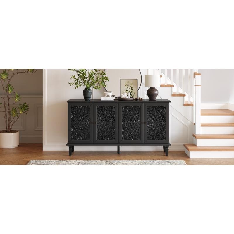 60" Antique Buffet Cabinet with Floral Carvings with Solid Wood Legs&Antique Brass Handles&Adjustable Shelves, TV Stand for 65''+ TV, Sideboard for Living Room,Dining Room (Black)