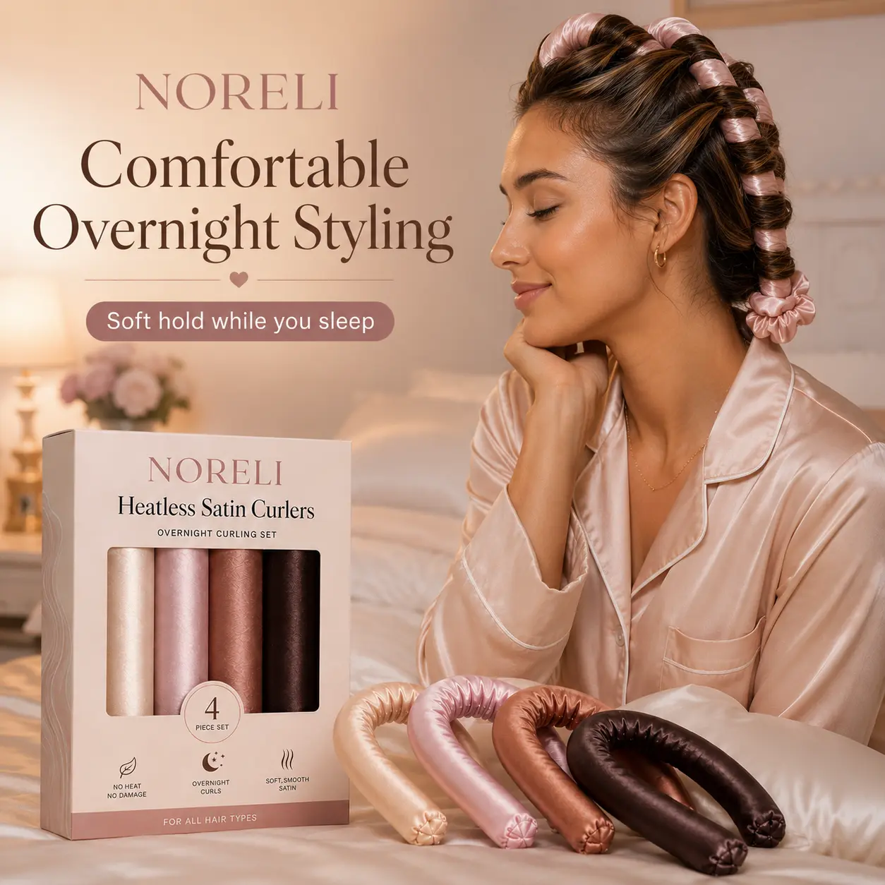 No Damage, No Dents Heatless Satin Curlers - NORELI Beauty Overnight Curling Rods - 4PCS Jumbo-Sized