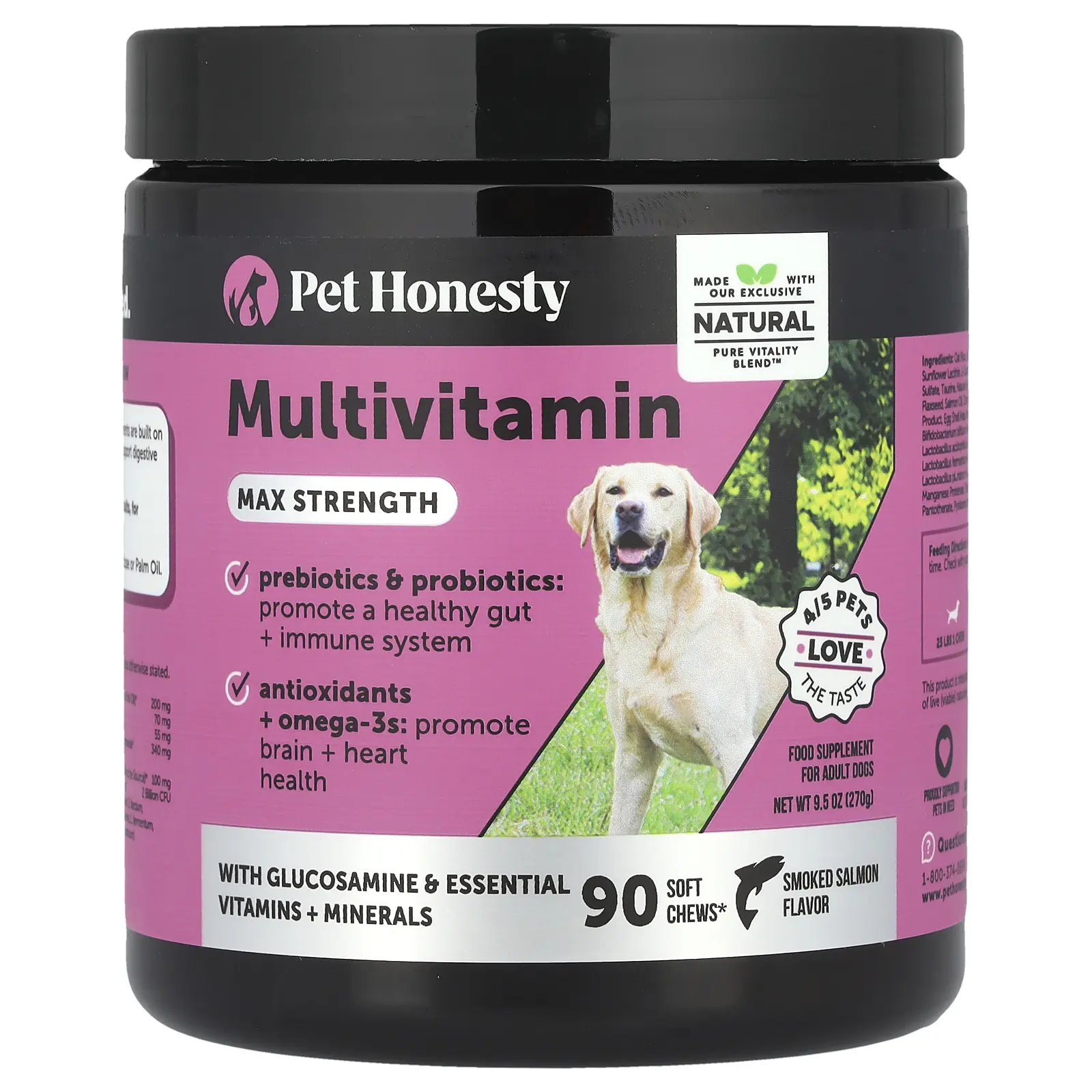Pet Honesty Multivitamin, Max Strength, For Adult Dogs, Smoked Salmon, 90 Soft Chews, 9.5 oz (270 g)