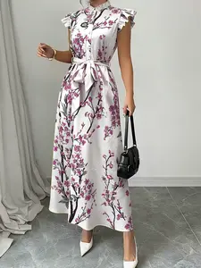 Elegant Feminine Chic Women's Dress with Floral Print, Ruffled and Button Detail, Classic Wooden Collar Long Dress for Outdoor, Vacation, Daily Wear
