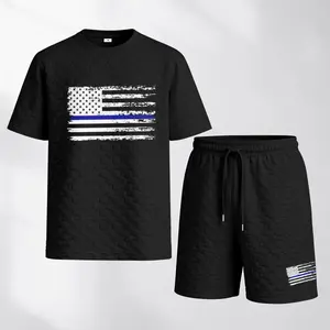 Men's Spring And Summer American Flag Print With Red And Black Line Checkered Fabric Drawstring Shorts Set, Casual Summer Outfit With Short-Sleeved Shirt And Shorts, Ideal For Everyday Wear And Sports Activities