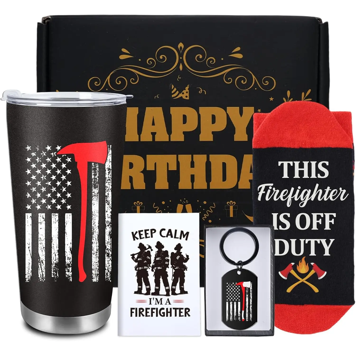 Firefighter Gift Set for Men, 4 Pcs Fireman Gifts with 20oz Stainless Tumbler Mug Cup Socks Keychain and Crad, Dad Gift Box Dad Gifts Ideas from Son Daughter