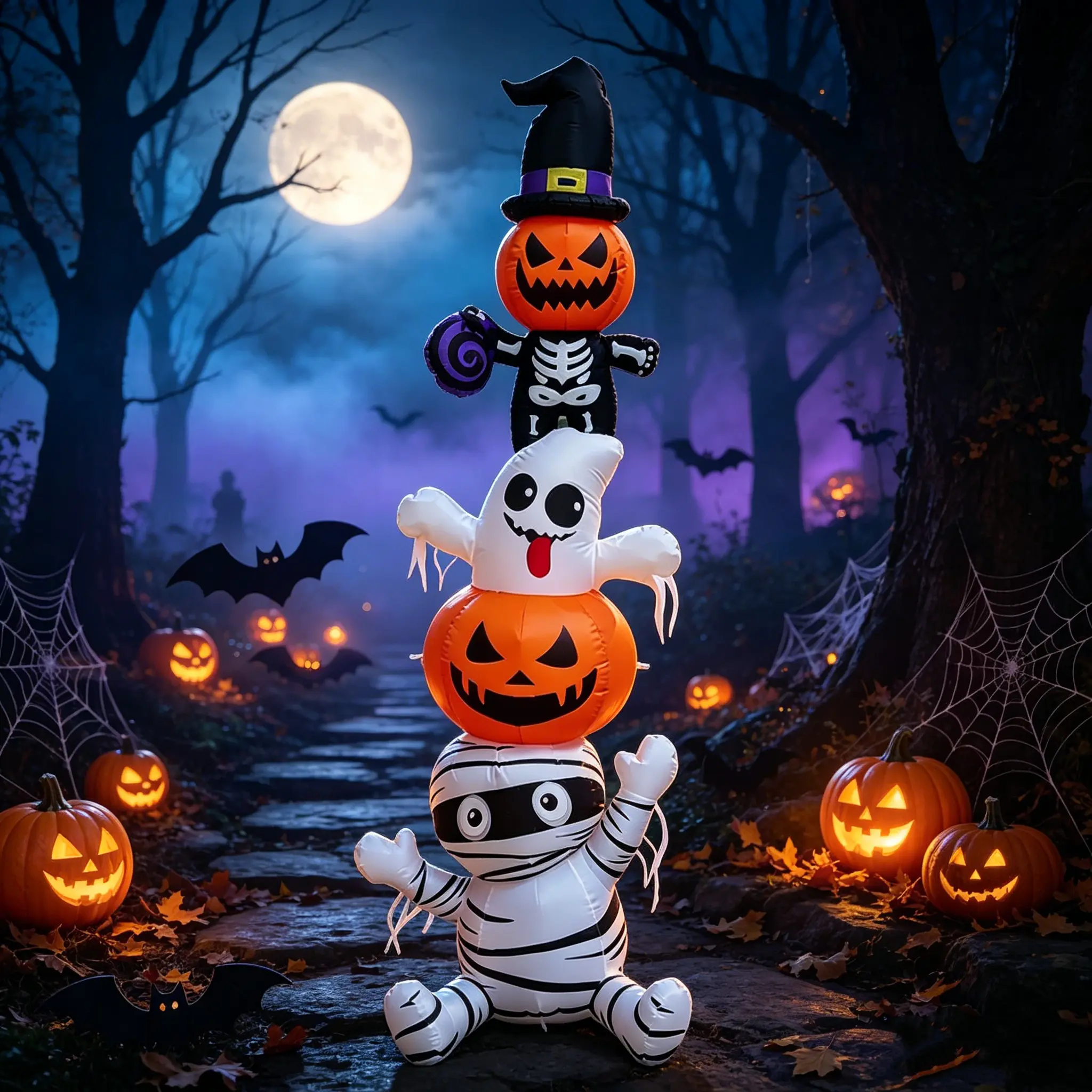 6Ft TikTok-Favored Seasonal Inflatable Vertical Multi-Figure Stack Ornament - 4 Distinct Cartoon Character Components, Muted Mounted Light, All-Condition Outer Trim, Compact Base, Youth-Friendly Fall Holiday Outdoor Decor for Living Space Display
