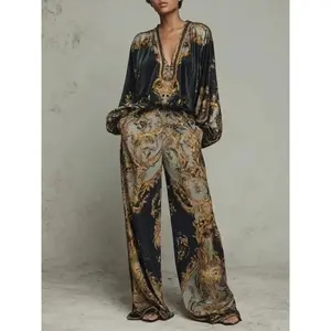 Retro Pattern Printed 2 Pieces Set for Woman Sexy Deep V Neck Top Blouses Elegant Outfit 2026 Spring Fall Wide Leg Trousers Suit