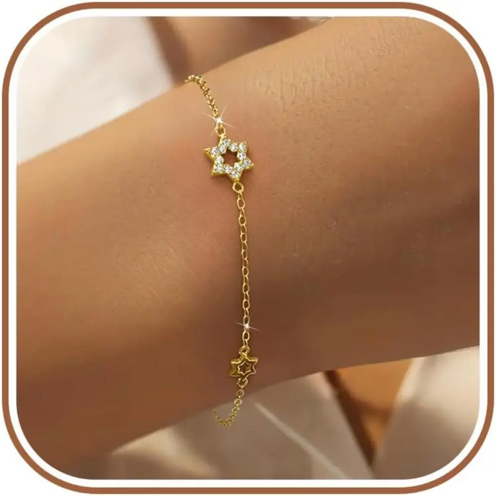 14K Gold Plated Jewish Star of David Bracelet for Women 925 Sterling Silver Stars Cubic Zirconia Link Charm Chain Bracelet Jewish Jewelry Birthday Gifts for Friend Daughter Mom