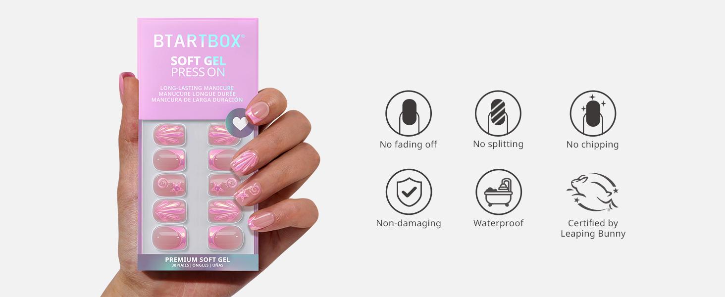 BTArtbox Press On Nails - Ocean Energy Short Press On Nails with Glue for Women, Square or Almond Opaque Soft Gel Glue On Nails in 16 Sizes - 32 Stick On Nails Kit