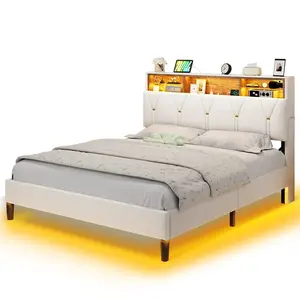 SIKAIC Queen Faux Leather Bed Frame - Queen Bed Frame with RGB LEDs, Velcro Setup, and Storage Headboard, White