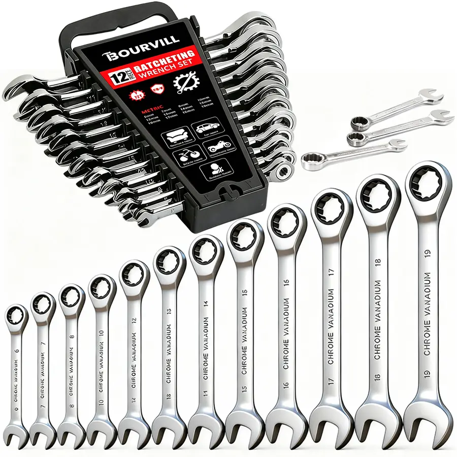 12pcs Industrial-grade Dual-purpose Wrench Combination Set, Metric Plum-blossom Open-ended Metal Wrench with Plastic Frame Clip for Easy Carrying and Storage