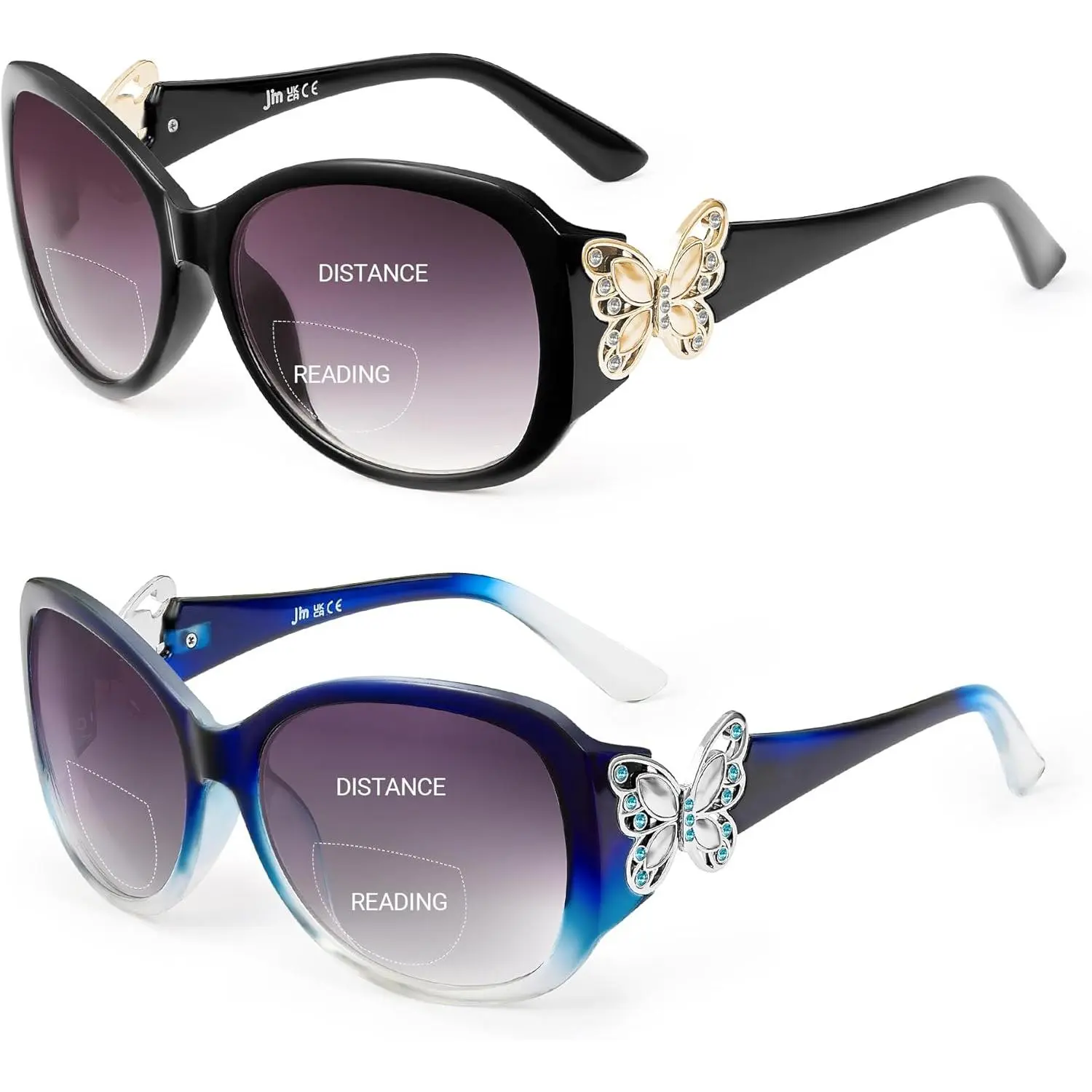 2 Pack Bifocal Reading Sunglasses for Women Fashion Oversized Square Sun Readers Outdoor Reading Glasses UV400 Protection, Black & Clear Blue +2.5