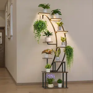 VEVOR 9-Tiers High Iron Tubing Indoor Plant Stand with LED Bars, 63in Tall Half-Moon Arc Lighted Shelf, Corner Holder with 3 Timers & 10 Brightness Levels, Supports Growth Display Rack for Living Room, Balcony Decor