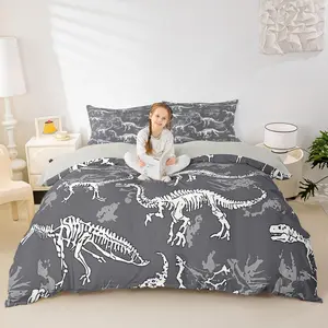 Feelyou Dinosaur Duvet Cover Set - Modern 3D Dinos Fossil Skull Bedding, Ancient Animals Skeleton Bones Design, Polyester Fiber Multi-Size, Machine Washable Grey Child Room Decor