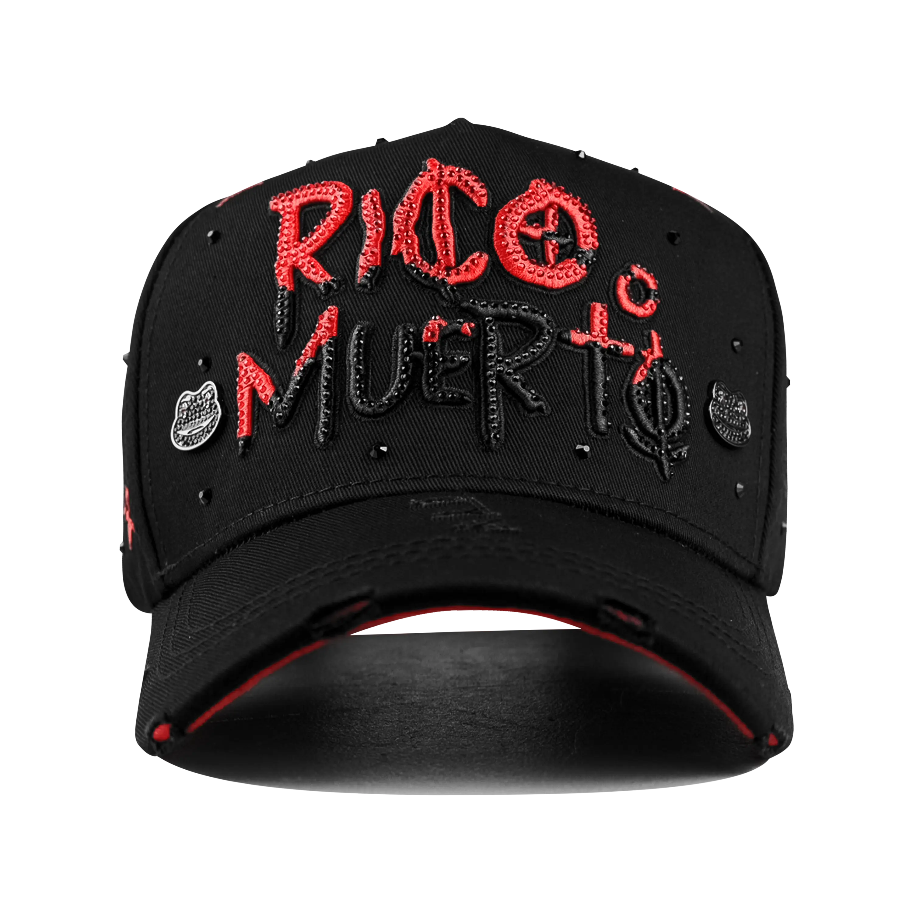 Glamorous Snapback Hat with Rico o Muerto Embroidery, Red & Black Crystal Rhinestones, Casual Handcrafted Style, Universal 1 Size Fit, Casual Hat, High Quality Hat