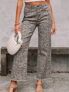 Women's High Waisted Leopard Print Jeans Wide Leg Denim Pants Casual Loose Straight Trousers with Pockets
