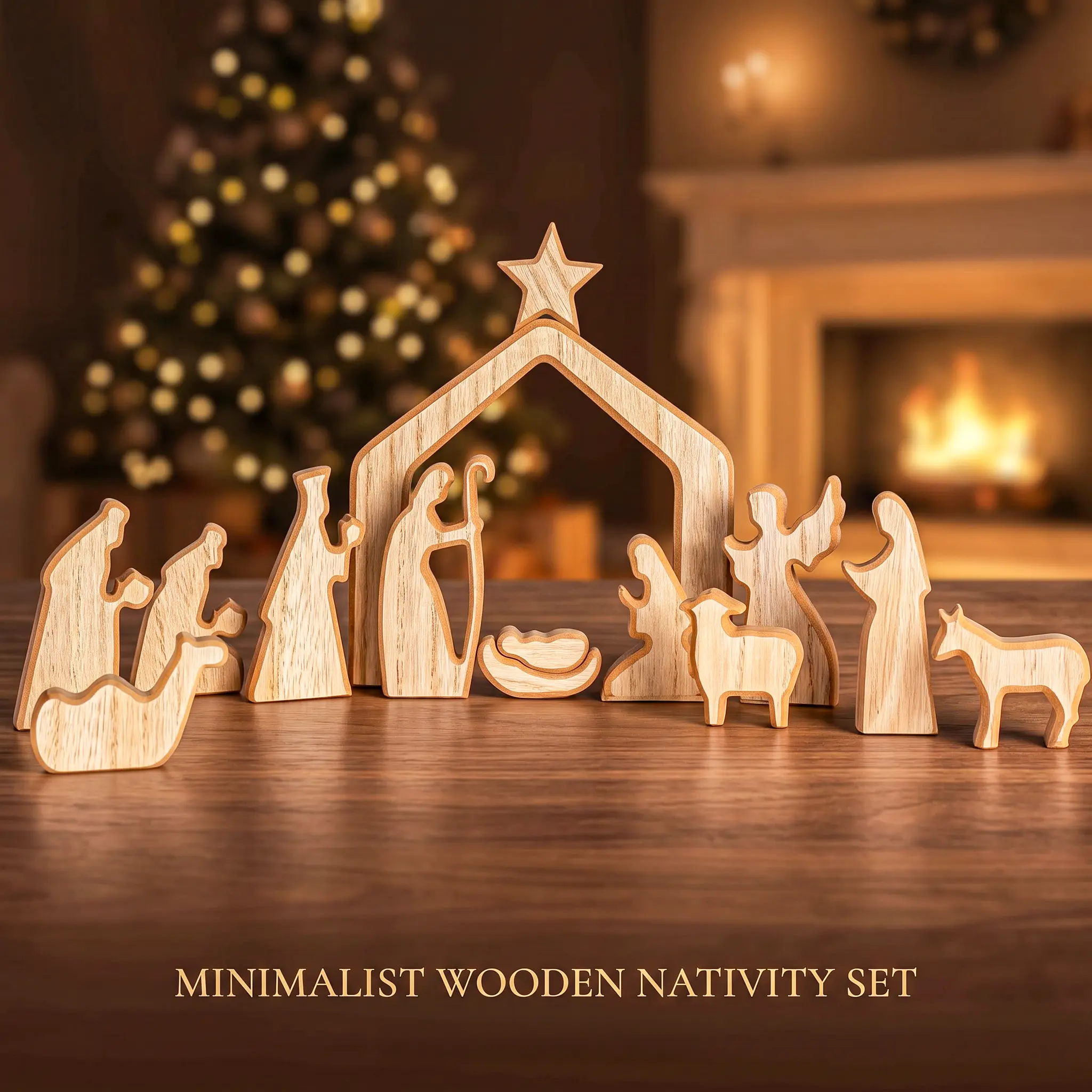 13Pcs Mini Wooden Nativity Scene Set Holy Family Figurines Christian Boho Christmas Home Decor Indoor Mantel Tabletop Manger Mini Figurines Religious Winter Holiday Decor Ornaments