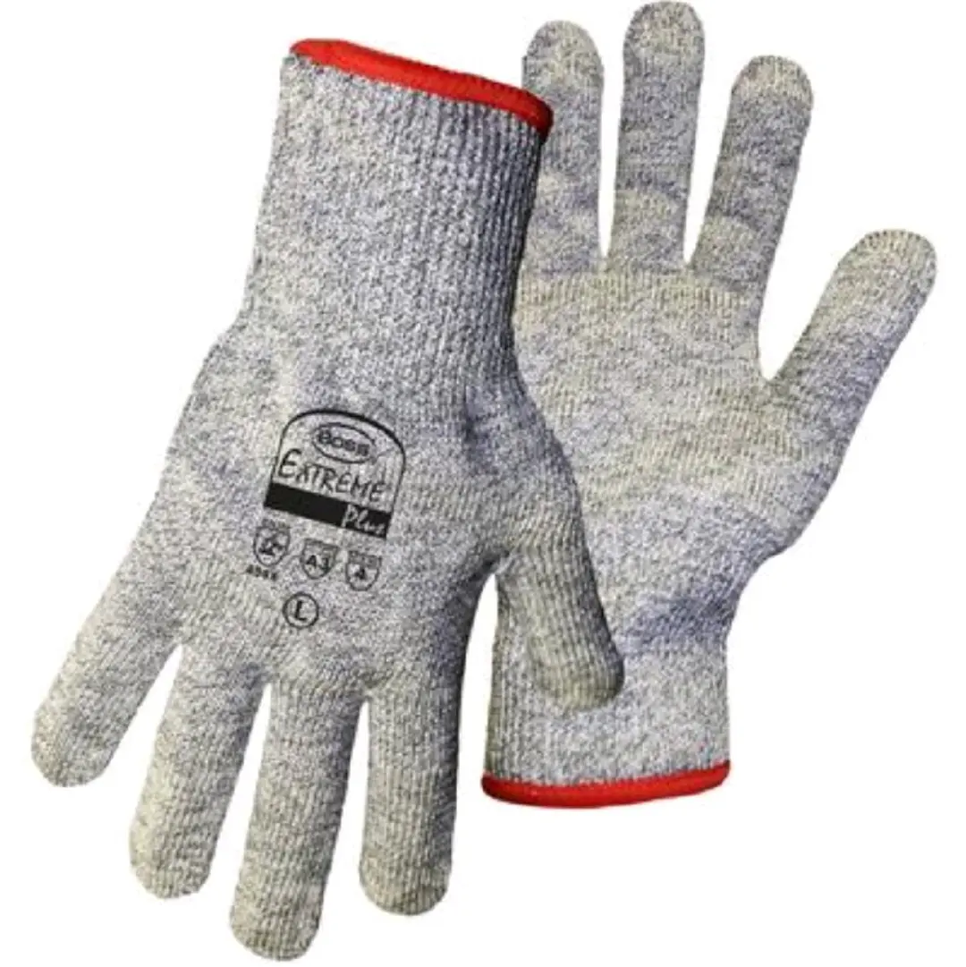 L Size Cut Resistant Work Gloves - A3 Boss Extreme Plus, Gray Uncoated Palm, PolyKor Fiber, Glass-Fiber Shell Knit Wrist, Abrasion Resistance, Breathability, Dexterity, Dry Grip, 12-Pair (1CF7002L), Color-Coded Open Hem, Color-Coded Hem Open