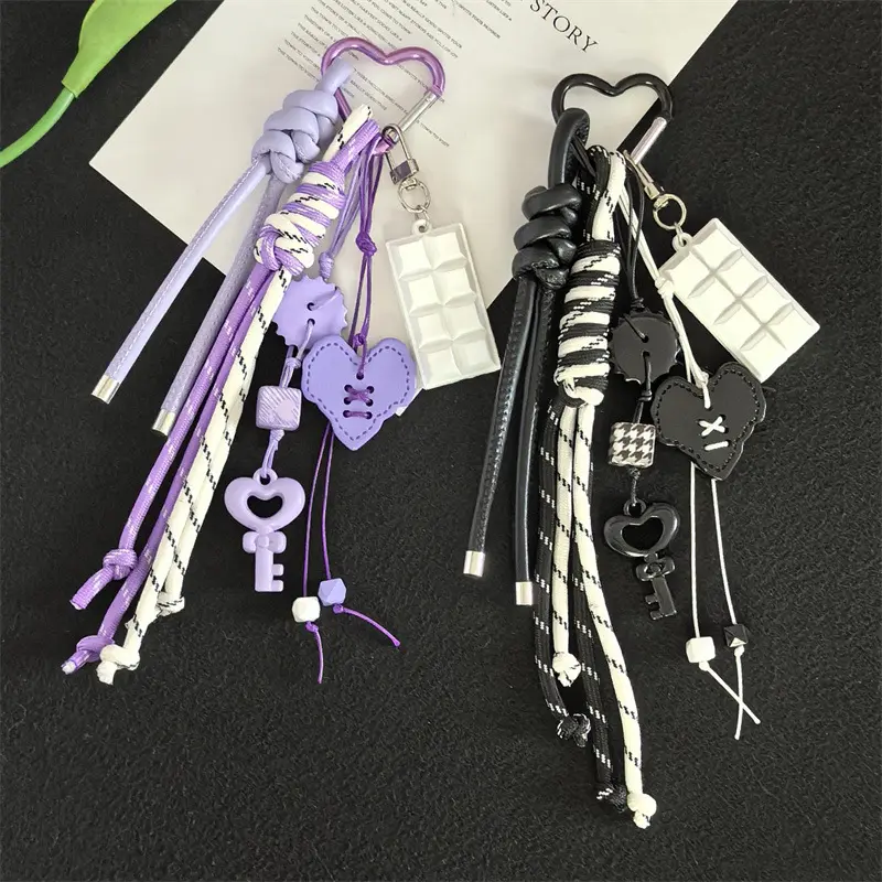 Y2k Acrylic Heart Anti-Lost Braided Rope Keychain, Macaron Color Hand-Woven Bag Pendant, Keychains for Women, Girls' Gift