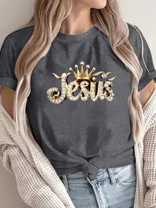 Women's Round Neck Short Sleeve T-Shirt, Summer New Rhinestone Crown Print, Fitted Casual Style, Trendy Daily Wear