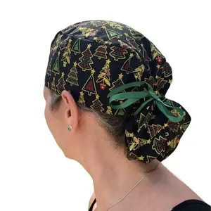 Black gold glitter Christmas trees Ponytail Surgical OR Scrub Cap Hat Women's 100% Cotton Eco-Friendly Reusable Cinch Ribbon Tie Back