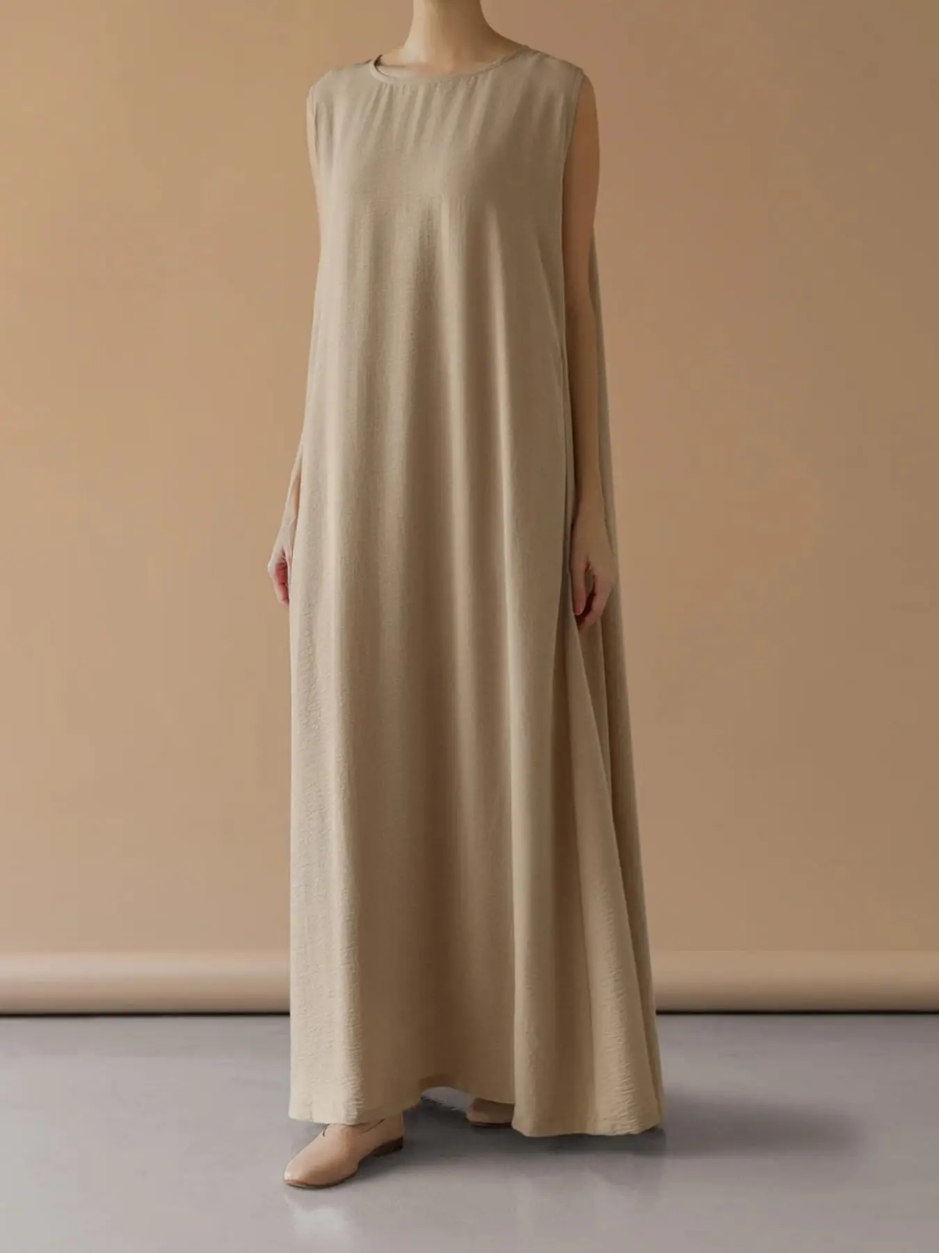 Women's Plain Pocket Sleeveless Kaftan Dress, Modest Casual Round Neck Maxi Dress for Daily Wear, Ladies Muslim Clothing for Summer