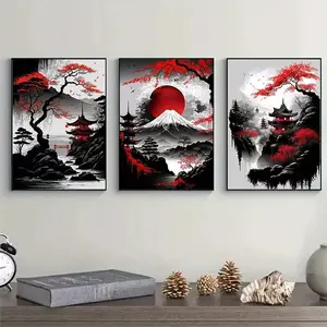 3pcs Frameless Japanese Natural Landscape Canvas Painting Black And Red Posters Vintage Ink Art Wall Prints For Living Room Home Decoration