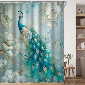 Blue Floral Peacock Shower Curtain, Flower, Durable Polyester Material, Easy Care, Includes 12 Hooks, Perfect for Bathroom Decoration, Bathroom Decoration Accessories, Bathroom Accessory