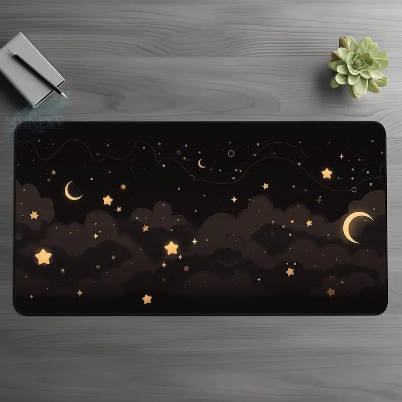 [Sale up to 50%] [Free Ship] Whimsy Dream Star Desk Mat, Gothic Moon Cloud Mousepad, Black Gold Celestial Witchy Gift