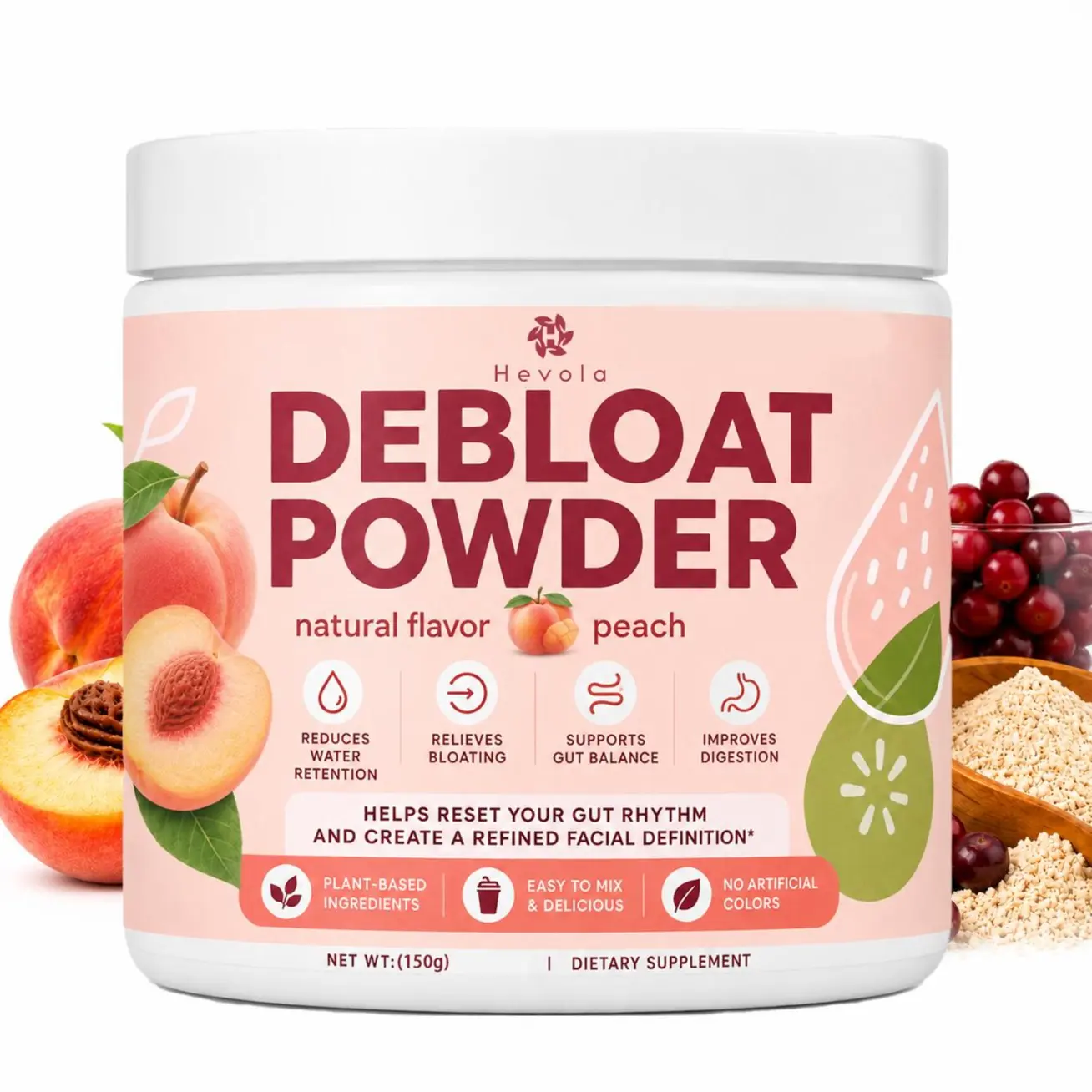 Bloat-Relief Powder—promotes digestive comfort and relieves bloating; digestive enzymes suitable for men and women; enriched with Vitamin C, dandelion root, and horsetail extract; non-GMO; peach-flavored.