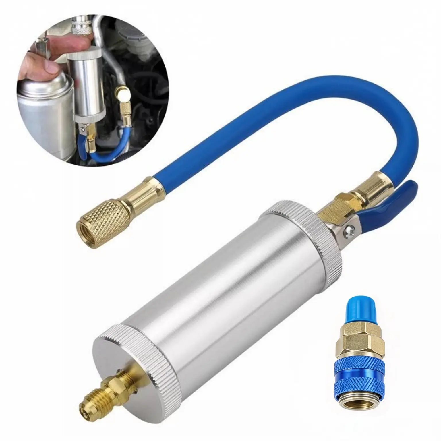 AC Oil & Dye Injector with Snap Quick Coupler, A/C Refrigerant Charge Hose & Refill Tool for R134A, R12 & R22 Systems, Automotive AC Service & Repair