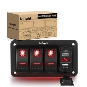 Nilight 3Gang Aluminum 5Pin ON/Off Red Rocker Switch Panel w/ 4.8 Amp Dual USB Charger Voltmeter