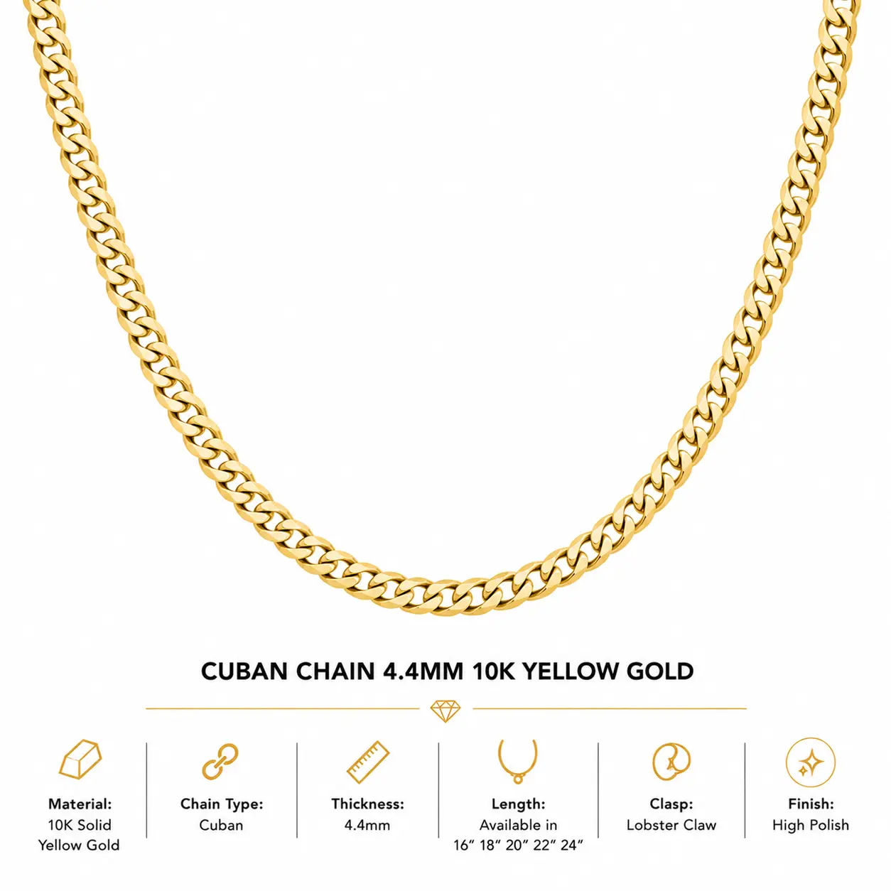 10K Yellow Gold Cuban Chain 18" – 4.4mm Bold Link Necklace