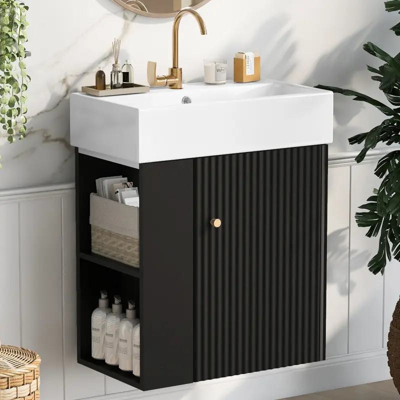 [Video]21.6 inch Modern Floating Bathroom Vanity with Ceramic Basin - Perfect for Small Bathrooms, Left side storage   WL