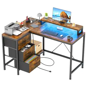 43 Inch Computer Desk, L Shaped Desk with Power Outlets and Led Lights, 3-Drawer Gaming Desk with Storage Shelves and Monitor Stand, Reversible Home Office Desk for Study, Working