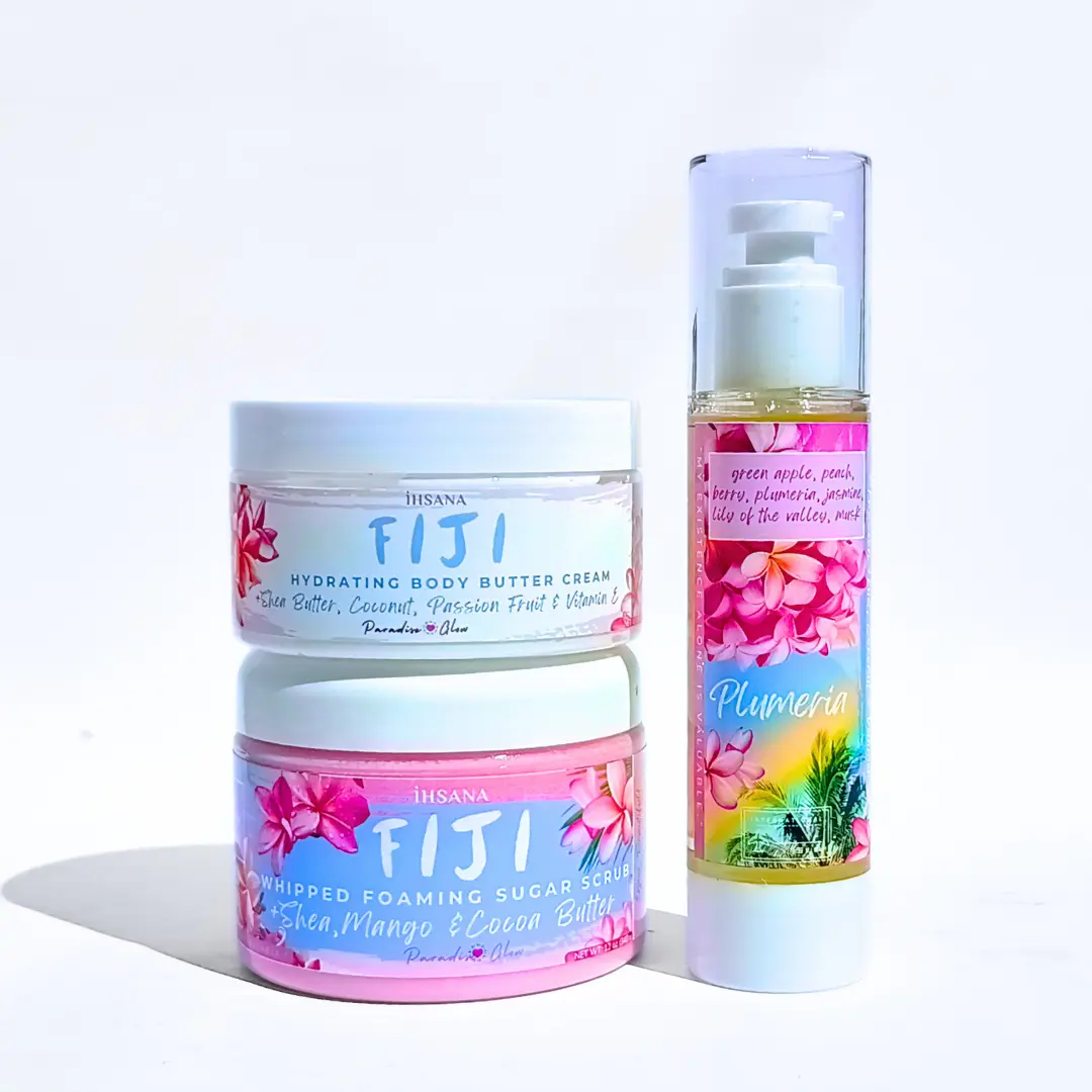 Paradise Glow Body Care Trio Set - Sugar Scrub +Body Butter Cream + Body Oil Hydrating Moisture Silky Cleansing