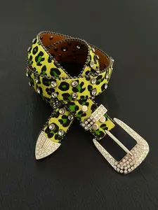 Leopard Print Rhinestone Belt, Cross Buckle Waistband, Rivet High-Quality Fashion Accessory, Vintage Y2K Style, PU Leather Belts