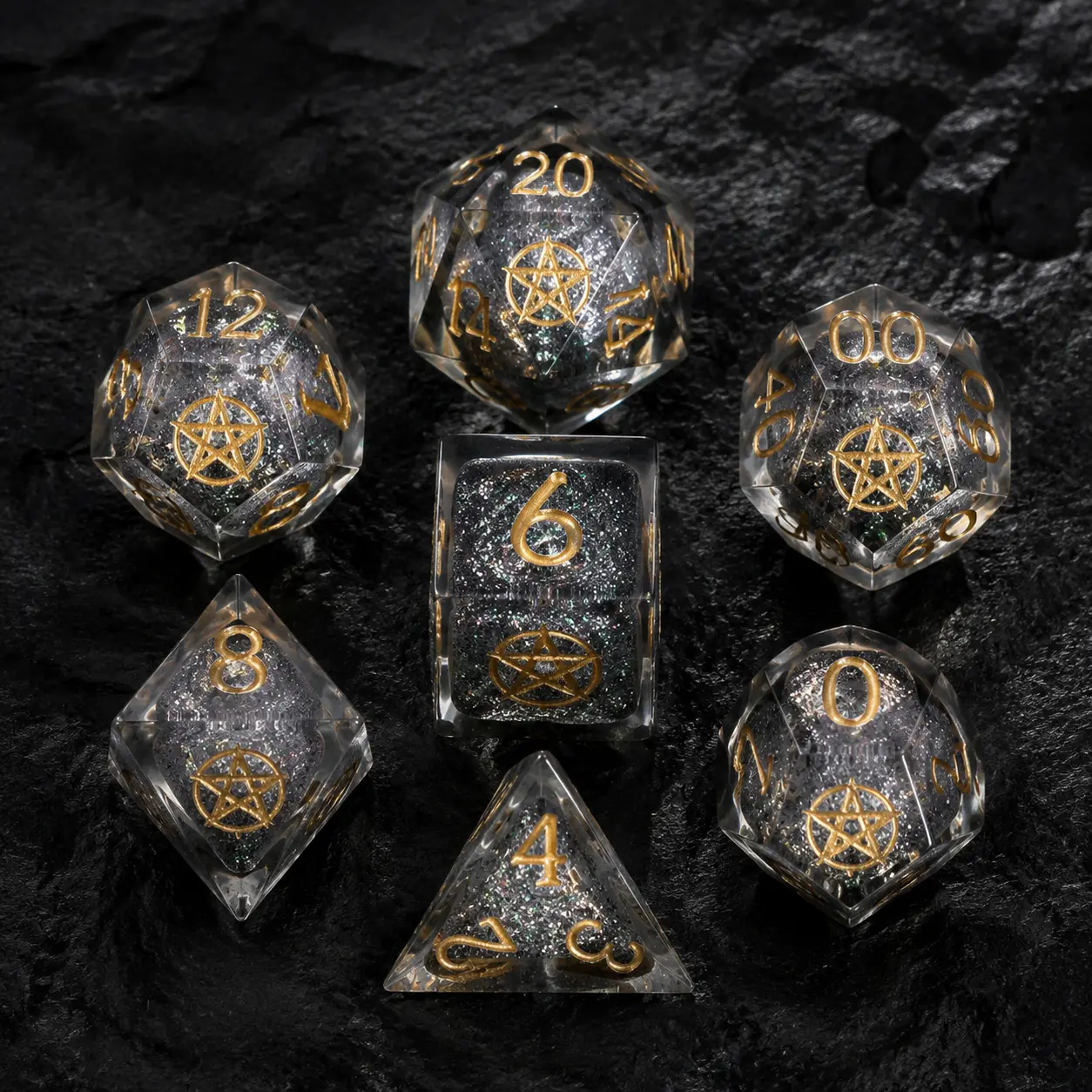 Gold Set Laser Engraved Pentagram Liquid Core Resin Dice DND Polyhedral Dice High Transparency Evil Shadow Gray Core 7 Piece RPG Game Dice Set