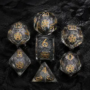 Gold Set Laser Engraved Pentagram Liquid Core Resin Dice DND Polyhedral Dice High Transparency Evil Shadow Gray Core 7 Piece RPG Game Dice Set