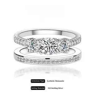 #34 Plum blossom Round Cut Synthetic Moissanite 3 Stone Engagement Rings 1.1ct D Color VVS1 Round Cut 925 Sterling Silver Anniversary Wedding Promise Ring for Women