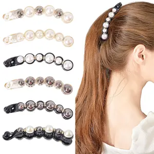 6PCS Banana Clip Vertical Hair Clips Compatible for Hair Types - Korean-Style Faux Imitation Pearl & Rhinestone Anti-Slip Twist Clips, Elegant Hair Accessories for Braids, Ponytails, Buns summervibes